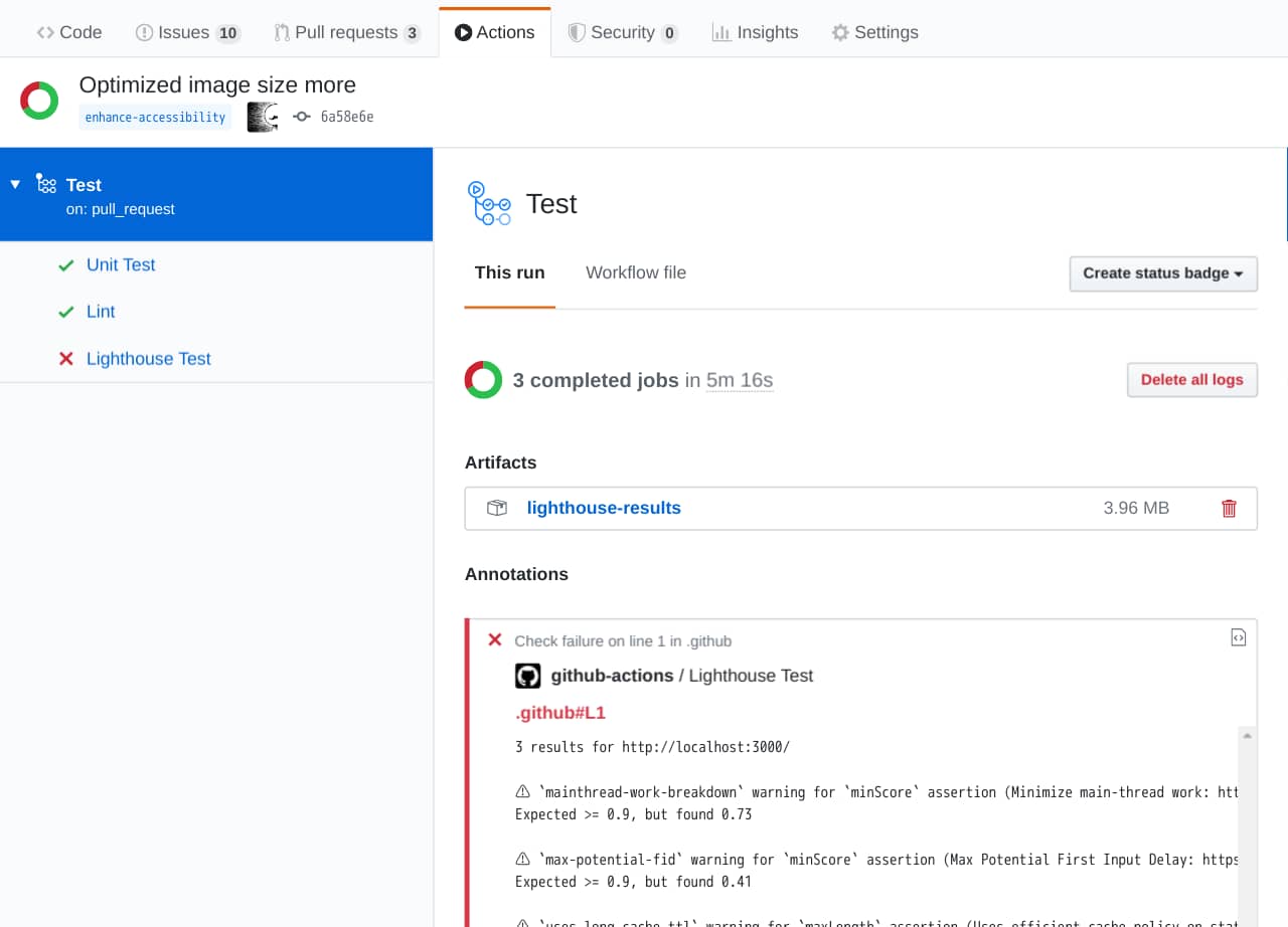 GitHubのActionsタブのスクリーンショット。Lighthouse Testが落ちていて、エラーメッセージが表示されている。lighthouse-resultsという名前でレポートファイルをダウンロード出来るようにもなっている。